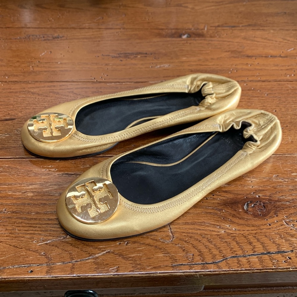 Tory Burch Metallic Gold Reva Ballet Flats